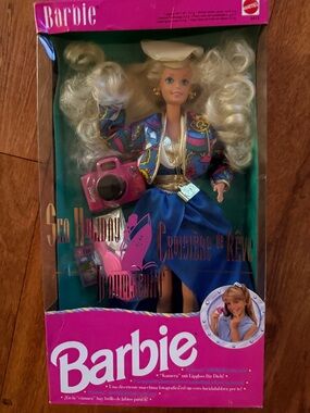 Barbie in Bright Blue Skirt with Multicolor Jacket and Pink Camera